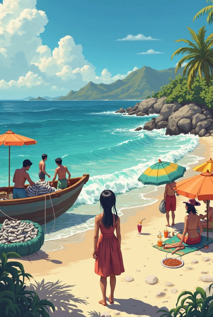 Surfers barter at stalls on the beach, Top-down view，Surfing life，the setting sun，Manhwa Style，2D, ((Black background :1, 5)), vectorial,, Masterpiece, Best quality, Intricate details,, Realistic details, gothic theme, rim-light,, cinematic shading, Greg Rutkowisk