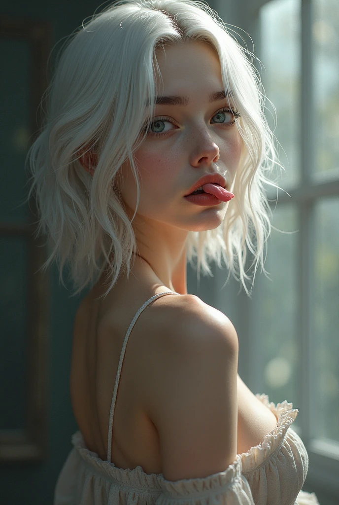 A Russian girl with a perverted and playful face looking at the camera. With a transparent dress that shows off her breasts and nipples. White hair