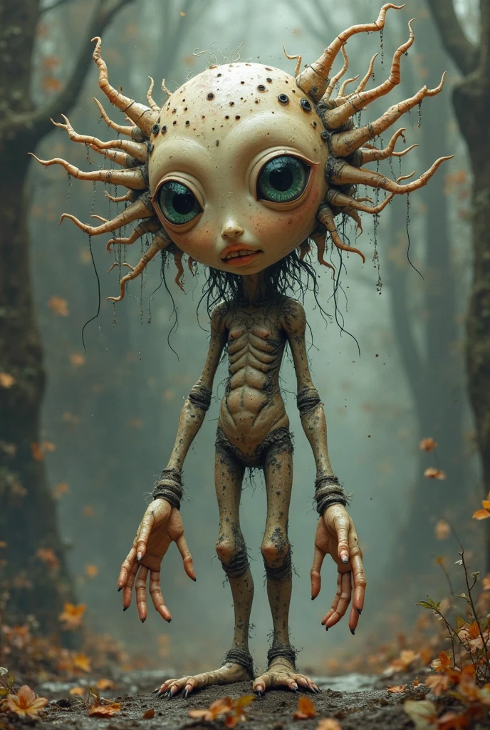 A purple-haired young man with four arms and two eyes on his neck,with a parasite coming out of his chest
