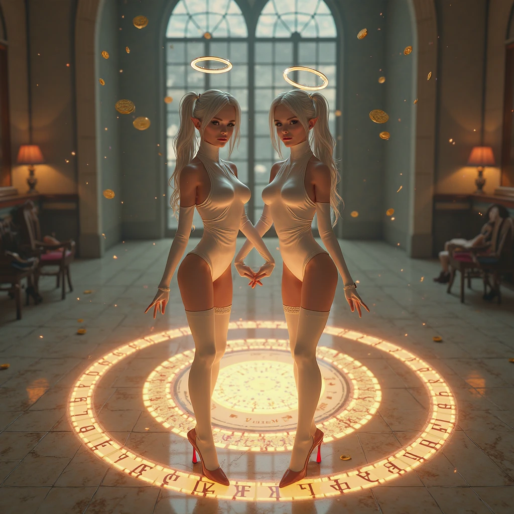 (8K,tmasterpiece:1.2),(Hyper-detailing,Raised sexy),(ssmile:1.1),((wavy white long hair):1.3,beatiful detailed eyes,Light makeup,choker necklace,ear jewelry,Pink and moist lips,full body shot of),Clear sky,and the sun was shining brightly,Two sexy women,Red eyes,In the church,(Lots of cool girls),Absurd long white hair,ssee-through,drenched clothes,Sexy women's robes,white stockings,Cocked buttocks,((huge tit,Stretch meat,Fair and moisturized skin)),Be dignified and religious,),(The atmosphere is ambiguous,misty background,a fairy world:1.2),(long white hair)