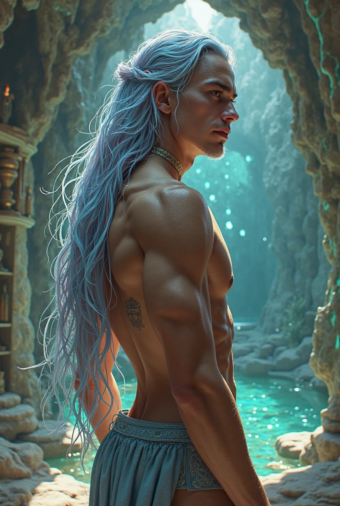 (masterpiece, best quality), man, wearing micro thong, see-through thong , mushroom water world, wide angle, athletic body, male, iridescent skin, flat chest, silver eyes, green hair styled in spikes, determined expression, bioluminescent lighting, small waist, broad chest, big mane, slim scruffy, muscular , illustration, watercolor ink sketch, (best quality)), intricate detailed,solo, masterpiece,