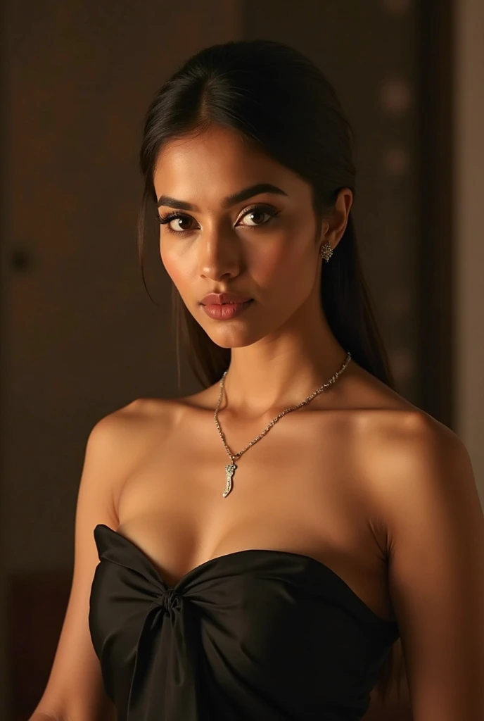 In this photograph, an Indian Instagram female model in her mid-20s takes center stage. , (highly detailed face:1.4) (smile:0.7) (backround 5 star hotel , moody, private study:1.OV, by lee jeffries, nikon d850, film stock photograph ,4 kodak portra 400 ,camera f1.6 lens ,rich colors ,hyper realistic ,lifelike texture, dramatic lighting , cinestill 800, realistic, wearing orange pink and black combination dobby weave self design fit & flare dress Sweetheart neck Short, puff sleeve Tie-up detail on back Above knee length in flounce hem Attached Lining Chiffon fabric, actress, karla ortiz, posing!!, candid picture, by Max Dauthendey,Completing the aesthetic, the model wears a slave collar with a chain around her neck. The photograph is meticulously captured in 8K resolution using cutting-edge techniques such as Cinema 4D and Octane Render, resulting in a highly detailed and photorealistic image. Studio lighting, HDR, and a smoky mist create a captivating ambiance, while the bokeh effect adds an artistic touch.