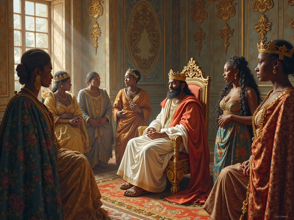 Great African king surrounded by his 4 beautiful queens in a surealist dec