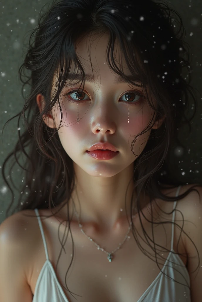 Best picture quality, masterpiece, ultra high resolution, (fidelity :1.4), photo, 1 girl,[(sadness)],white shirt, Dim, dark, desperate, pitying, pitiful, cinematic,tear,teardrop,(Torn clothes:1.5), (Wet clothes:1.4), bare shoulders,Real rain,wet hair,.. --auto --s2