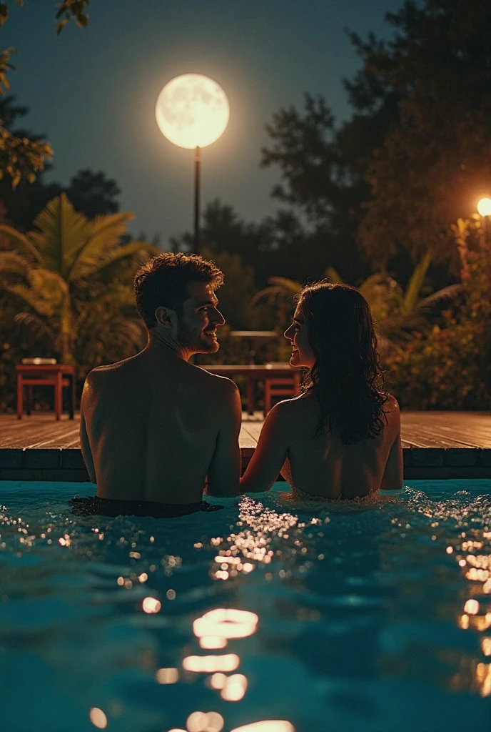 A realistic and romantic photo of a young couple, swimming on the lake at night, looking at each other, the male is touching the female's cheek. The light source is moonlight and fireflies around them. The background is a cliff with wild plants. Soft natural lighting, cinematic.
