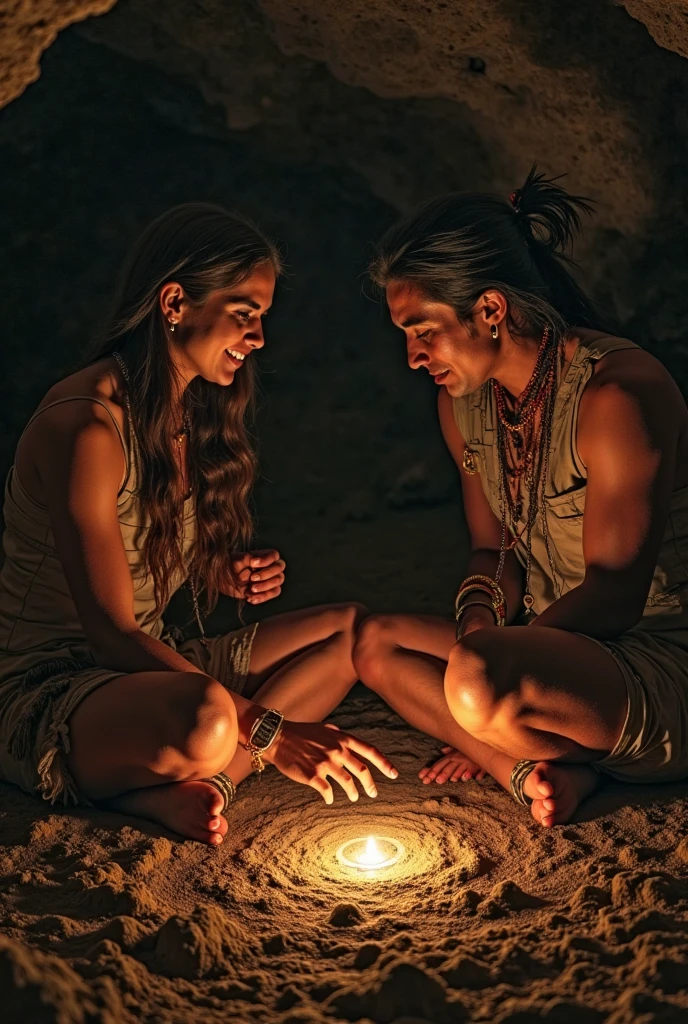 In the dense forest, a beautiful white-skinned Thai woman, her body completely naked, with her pubic hair clearly visible, her large breasts, was sitting against a fire in a cave with a naked young man. Both of their bodies were cold and short. The atmosphere was brightly lit by the fire in the fire pit, where a pair of loincloths were hanging from the roof.