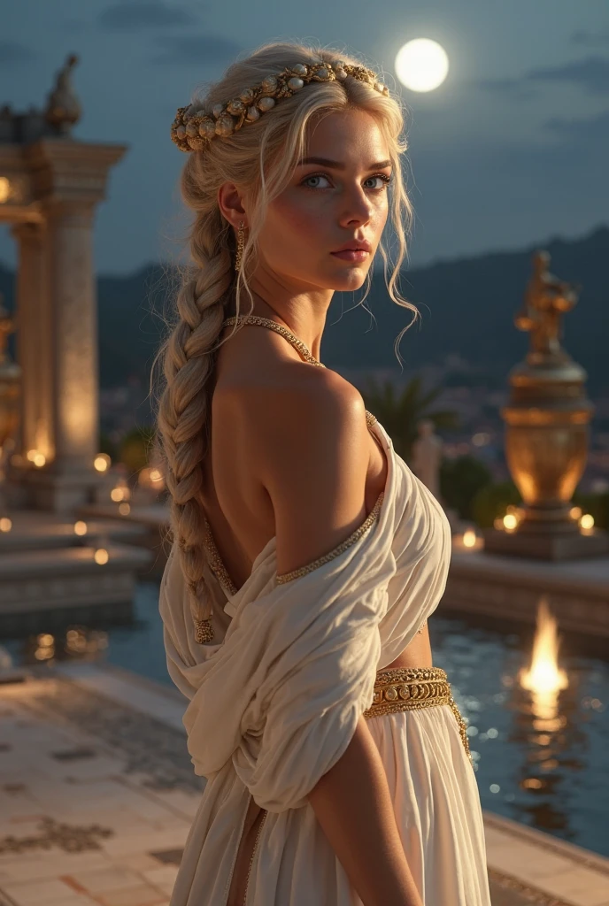 Balcony Reverie: Standing on a grand balcony, Daenerys looked out over her kingdom, the moonlight casting a soft glow on her from behind. Standing completely naked light catches her radiant skin. Her stance was regal and contemplative, the perfect picture of a queen lost in thought.