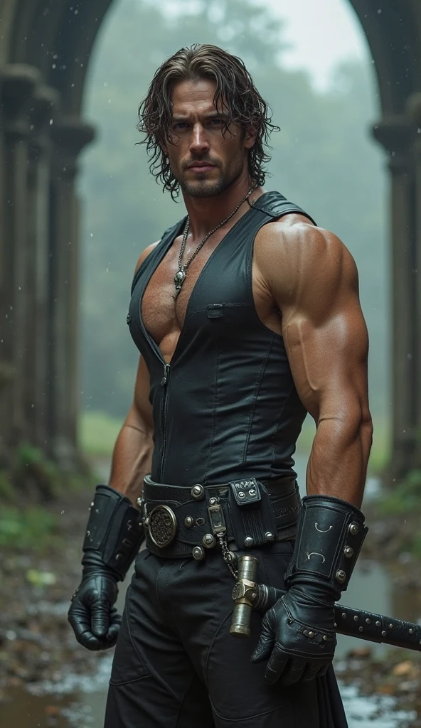 resolução em 8k A color oil portrait of a handsome muscular man, black harness, black German boots, a Romanesque paintingl full-body shot of Spartan warrior in a vibrant and dangerous war, Homem de 25 anos, model, maquiagem masculina, azul e preto delineador estilo tribal em torno de olhos brilhantes, cabelos loiros, fundo da floresta, detalhe do rosto HD 4K James era um homem robustamente bonito com cabelos loiros curtos e olhos azuis penetrantes. ele era alto e musculoso, com ombros largos e um forte, athletic build. He had a quiet confidence in him, e uma calma, safe behavior that made him look like he could handle any situation.