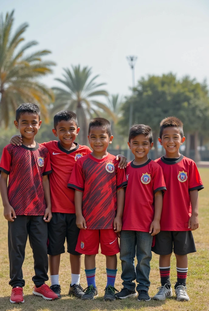 A 4-year-old 4 childs playing with ball, casual clothes, very expresive gesture in face ((Peruvian skin)), clean dark hair, they are shown full-body in a wide shot, a Peruvian flag Park background, HDR, natural hot lights, diary clothes