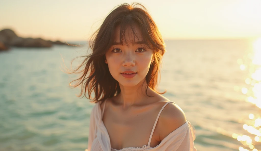 (Best quality, 8k, 32k, Masterpiece, UHD:1.2), NSFW, Japanese Model, Emi Fukuda Face, large breasts, concise bob hair, upper body, face focus, maxi dress, no bra, simple background, cinematic lighting, sunset, from above, looking at the viewer,