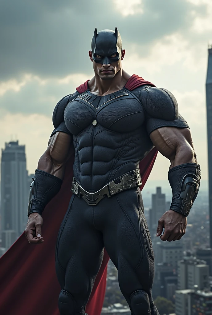 Angry super muscular man,  Buzz Cut，On the old-style outdoor street under the hot sun, Wearing long-sleeved dark red superhero Black Panther bodysuit, Dark red denim fabric texture，The expression is arrogant, Thick thighs, Messy hair, Thick thighs, High collar, long sleeves, dark red superhero bodysuit, very tight, Regular symmetrical pattern, Highlight muscles, Police uniform pants, character concept（Resident Evil - Chris Redfield, Chris Redfield）A proud expression, Deep and charming eyes, Heroic male pose, tall Burly, muscular！muscular thighs, tough guy, perfect facial features, High, Burly, Heqiang, Super polished and cool, High Resolution Committee, Charismatic, The sun is blazing, dazzling