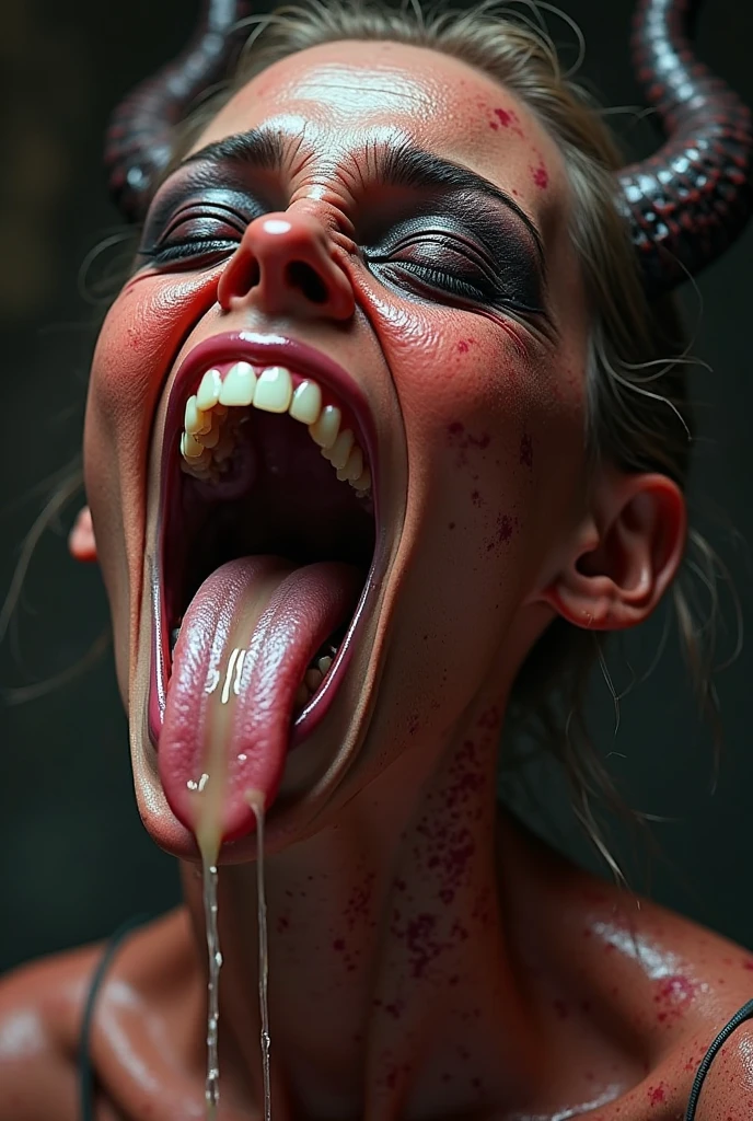 Liquid white slime monster eat a scared woman
