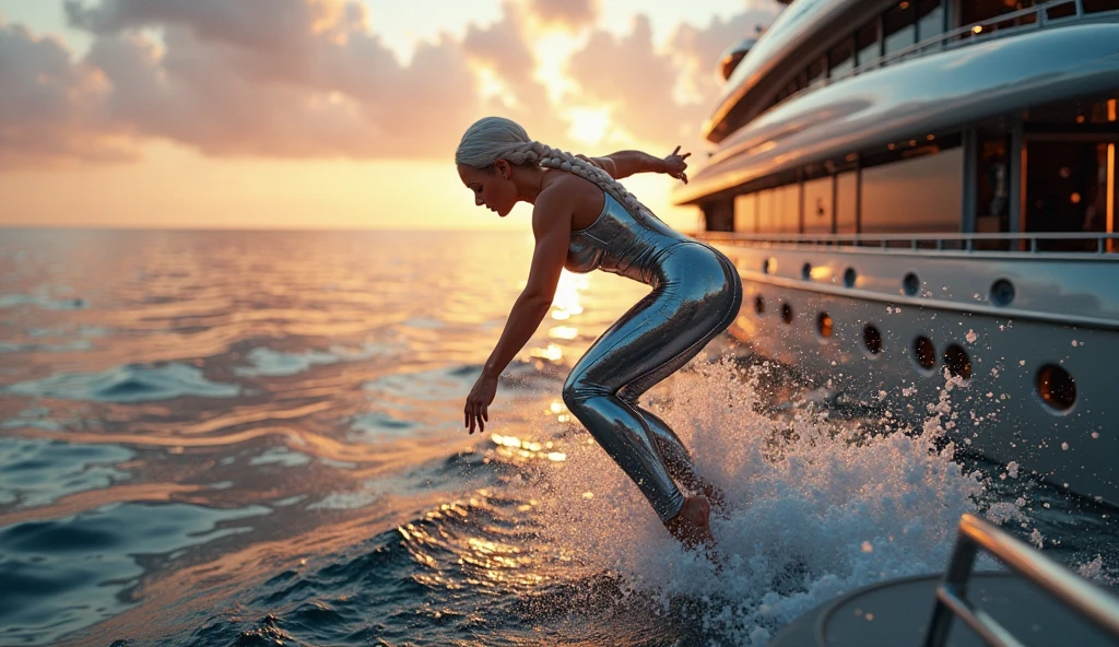 A sexy hot 26-year-old model with a striking presence and confident demeanor is captured in a breathtaking moment. She is wearing a red patterned bikini, and her natural wavy blonde hair flows behind her as she leaps from the back of a yacht into the clear blue water. The scene is set in bright sunlight, highlighting her features and the water’s sparkle. The photograph is high quality, with vibrant colors, clear details, and well-balanced exposure. It avoids any unwanted artifacts or distortions and is presented without any watermarks, text, or logos. The image is realistic and natural, capturing the excitement and grace of the moment as she splashes into the water. She have big breasts and ass. She is Sexy Hot. Detailed Face and Skin. She jumps out of the yacht,(worst quality, low quality, normal quality, low resolution, low details, oversaturated, undersaturated, overexposed, underexposed, grayscale, black and white, bad photo, bad photography, bad art:1.4), (watermark, signature, text font, username, error, logo, words, letters, digits, autograph, trademark, name:1.2), (blur, blurry, grainy), morbid, ugly, asymmetrical, mutated, malformed, mutilated, poorly lit, bad shadow, draft, cropped, out of frame, cut off, censored, JPEG artifacts, out of focus, glitch, duplicate, (airbrushed, cartoon, anime, semi-realistic, CGI, render, Blender, digital art, manga, amateur:1.3), (3D, 3D Game, 3D Game Scene, 3D Character:1.1), (bad hands, bad anatomy, bad body, bad face, bad teeth, bad arms, bad legs, deformities:1.3, bad skin, small boobs, small breasts)