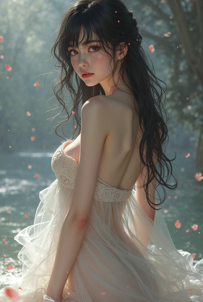loose outfit、Show shoulders、Dark Color String Dress、How to wear a black gown、Decorated with intricate patterns and bright colors、Transparent material that makes the skin shine、Artistic depiction of seductive woman in gown with wet thin cloth and transparent skin, Floral and fantastic pattern with flowing silky traditional see-through skin。Her dress draped elegantly around her curvaceous figure、Emphasizes her charming silhouette。She's a gentle fireworks night、Dynamic Posing、Sexy Posing、bathed in the soft glow of moonlight。The scene is、With a hint of mystery and sensuality、It exudes an ethereal dreamy atmosphere。The image style is、It incorporates a blend of watercolor and digital illustration techniques.、It makes you feel delicate beauty and charm。Soft moonlit lighting、Cast gentle highlights and shadows on her mesmerizing features。Dynamic Posing、Bold poses、The hand is somewhere、see -through、show through、A sexy、Wet hair、Wet、（cherry trees、flower petals、cherryblossom、The cherry tree、Sakura Snowstorm 1.5）、buried、Transparent skin、Wet clothes、（Chest 1.2）、Navel Ejection、Swaying in the wind、Burgundy、pale red、（Slouch 1.5）、Lace color、lace choker、a choker、Lie on your back on the surface of the water、New lining、