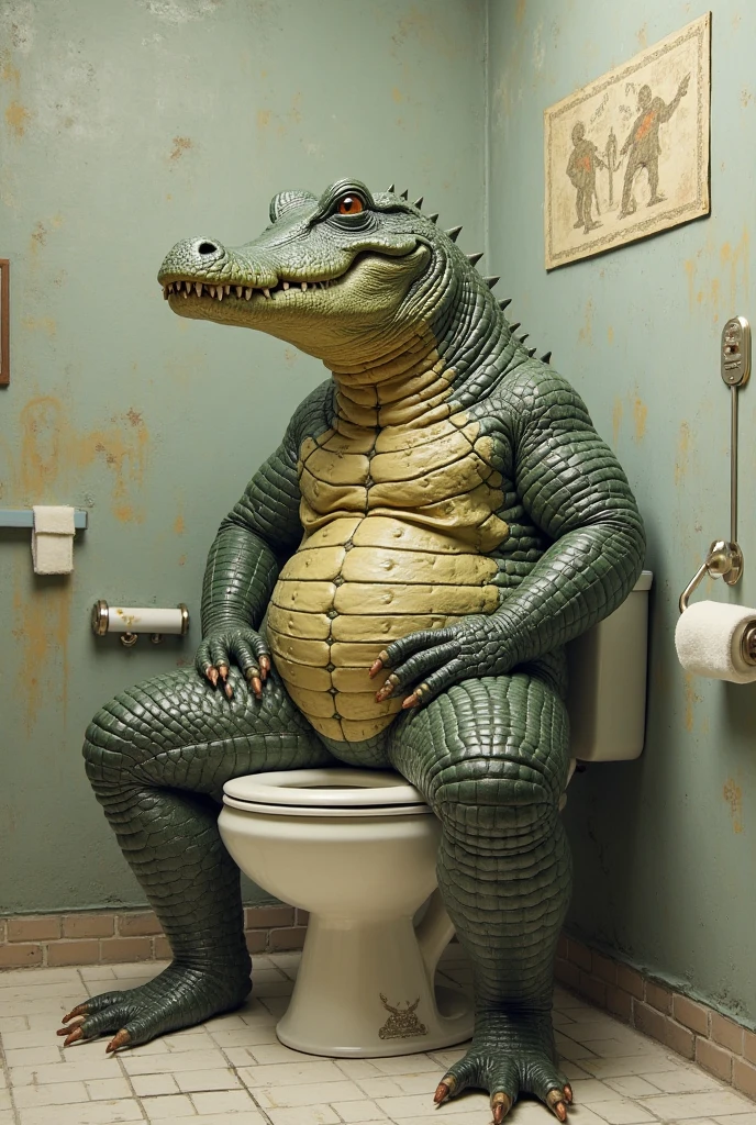 A very obese male dragon、Purple scale dragon、Composition looking up from diagonally below、Abnormally large male genitalia、Extremely enlarged penis、A penis as big as a log、A scrotum as big as a balance ball、Hands touching belly、Sitting on the toilet pose、Muddy toilet bowl、Sharp toenails、Face facing up、Roaring crocodile face、Anime-style crimson eyes、Hugely swollen lower abdomen as if pregnant、Abnormally obese abdomen、Armpit Hair、chest hair、pubic hair、Wide open mouth expression、A body that fills the screen、Wooden toilet background、Dirty muddy toilet、shabby Toilet