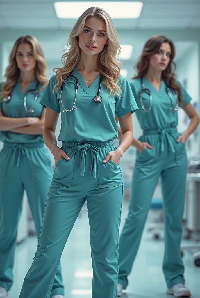 Ultra realistic, Cinematic, 2 teenage patients,  2 cute swedish teeangers,  2 young swedish women, natural beauty, 17 years old , standing in front of hospital beds, waiting for surgery,  body, beautiful face, innocent look, detailed face,   long teal nylon patient gowns without pocket, completely closed teal nylon patient gown with short sleeves, wide angle showing full body,  hospital ward, people, bokeh, all wearing teal nylon bouufant cap, teal  nylon shower cap, teal surgical cap, short hair fully covered by nylon cap, no hair tails, no pockets!, back tie patient gowns without belt, surgical caps covering forehead and ears