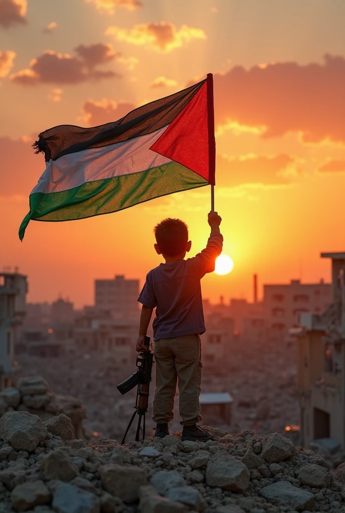 Palestinian child happy with flag after destroy zionist background al aqsa mosque
