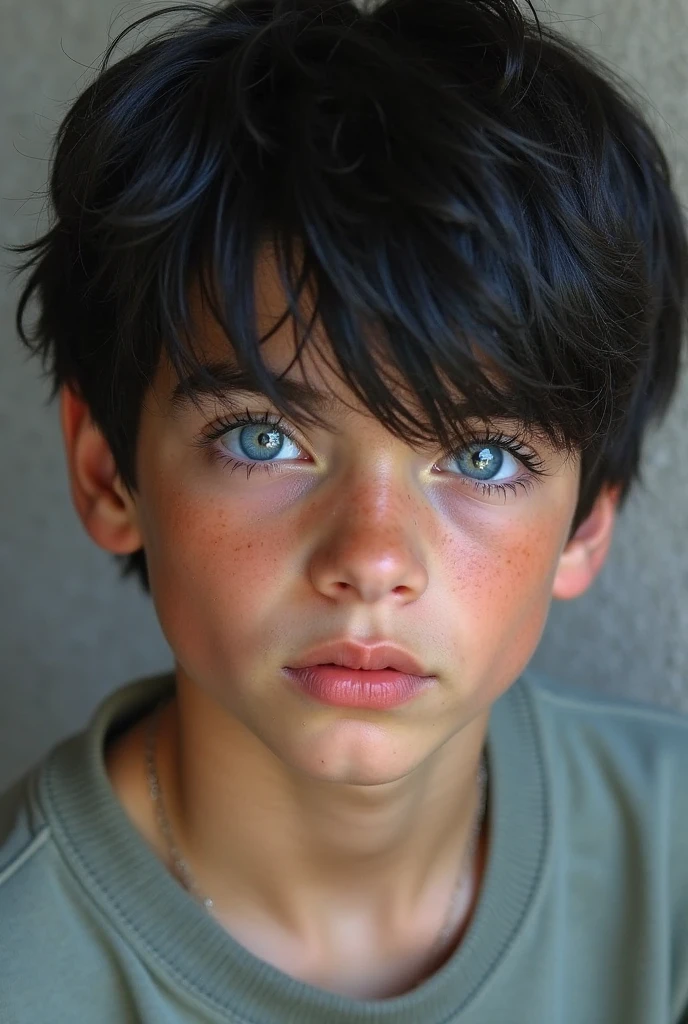 A 10-year-old boy with light brown hair, white skin, blue eyes, fine European features, a sad melancholic look.,
