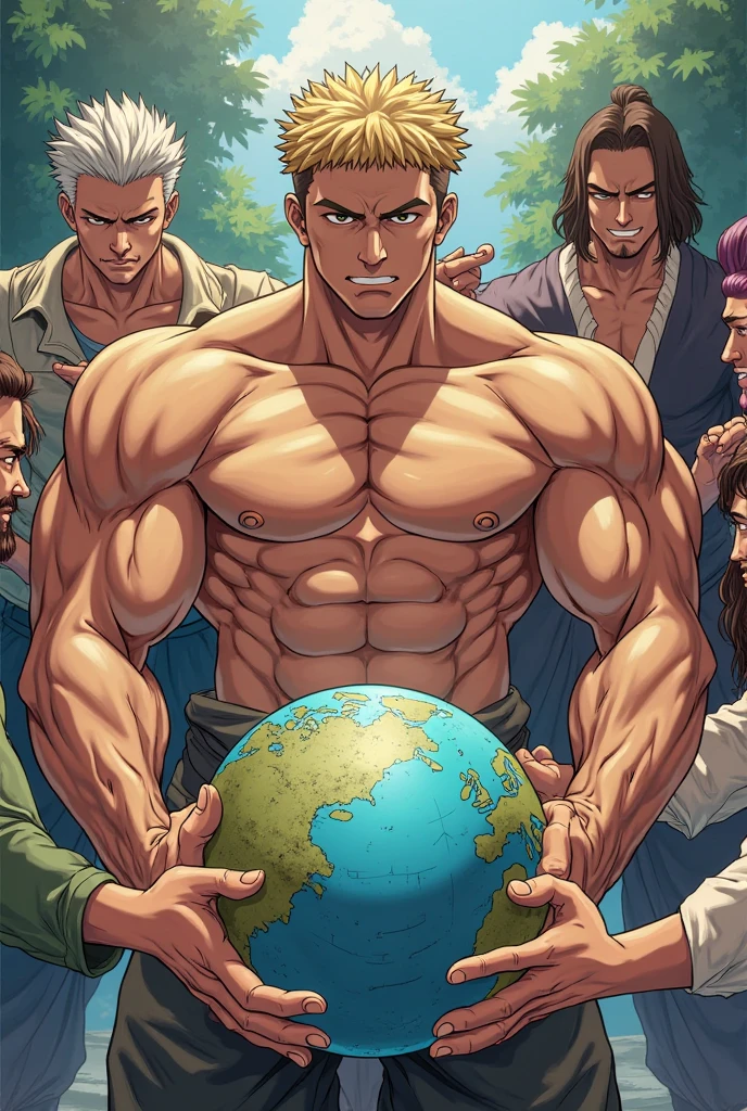 draw a handsome guy Anime face long hair two bangs very handsome muscular he is muscular not too skinny not too fat in his hand he is holding the multiverse Under his feet he is stepping on Planet Earth,He was shirtless holding the earth with one hand next to him was a woman as big as him it was his wife a wife with ivory white platinum hair three full curves that wife was lying on the sun He was stepping on the Earth in his hand he was also holding the earth