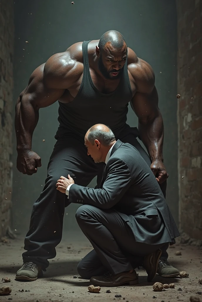 Muscular indian guy in suit sitting on chair with nasty smile , flexing his biceps and stomping on a muscle guys ccrotch with brown leather shoes in victory pose.