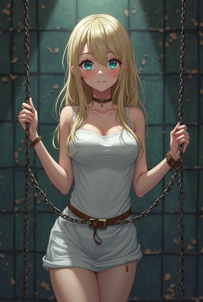 ((collar,leash,tied up,bondage,scared expression)),1Girl, solo,yellow eyes, blonde hair,,shorts,top-tank