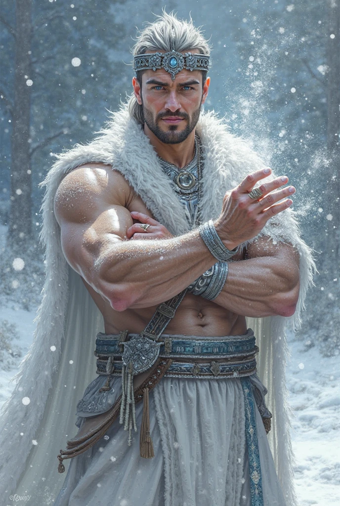 Photo-realistic, ((best quality)), ((masterpiece)), (detailed), (albino:1.6), masculine portrait of ice king,18-year-old male models, handsome, tall, cute looking, cute look, evil looking, powerful, young male model, handsome, clean shave, handsome model, clean shave, blue eyes (silver messy short hair:1.4), short curly messy silver hair, messy curly hair, short hair, super strong, muscular, fit, massive muscles, six pack, shirtless, bare-chested, muscle, ripped, strong body, fit body, half-naked, topless, muscle, ripped, strong body, fit body, great chest, amazing arms, ice crown, white cape, (ice male masculine crown:1.4), (snow storm:1.5), white antique spartan small skirt, white linen antique draped small skirt, (snowy forest:1.5), (snowy mountain background:1.5), (in the middle of nowhere:1.4), isolated, (remote:1.4), out of the way, , (secluded:1.4), secluded, 8k, high detailed, ultra-detailed, Stylish Pose, real skin texture, dark cinematic lighting