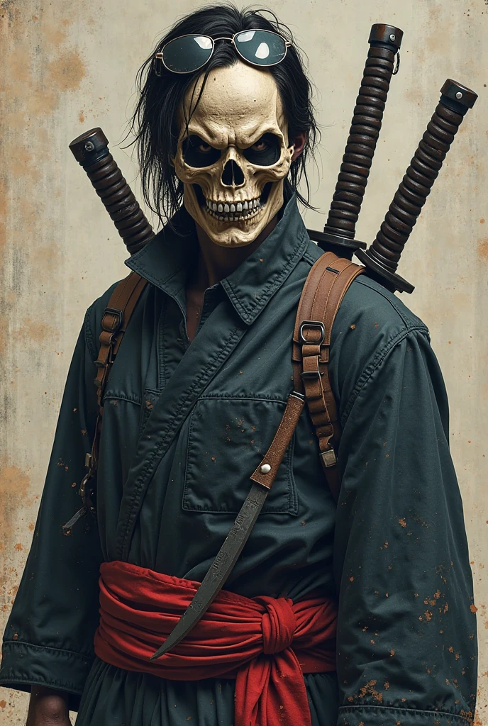 Samurai with skeleton mask cartoon drawing