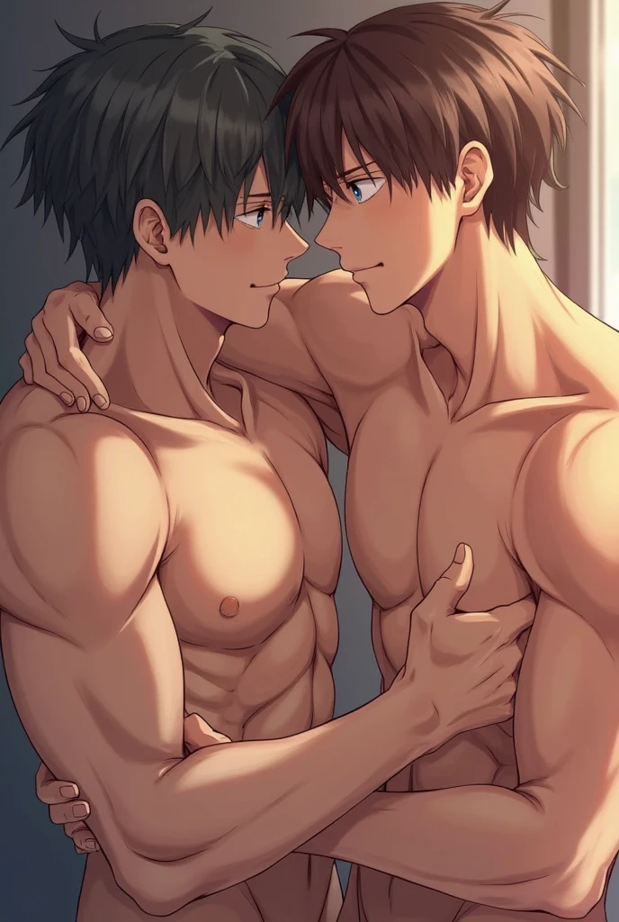 Create a hot yaoi image of a character with blonde hair and another with brown hair both are showing their dicks, The blonde haired one is grabbing the brown haired one&#39;s ass.
The one with blond hair is muscular, the brown haired one is just defined.
Both are men showing their penises