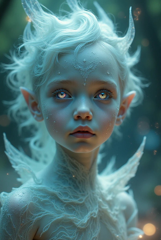 Half human half fairy,  no wings, blue skinned, blondie hair,  no wings, Eyes that glow in the dark, child of about , füll naked, nice tits