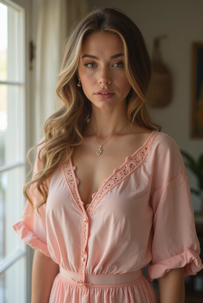 a beautiful young woman with long blonde hair, wearing a loose, plunging neckline pink blouse, in a quaint cafe. Warm and soft lighting. amazing photograph, DSLR, 80mm Sigma f2, depth of field, intricate natural lighting