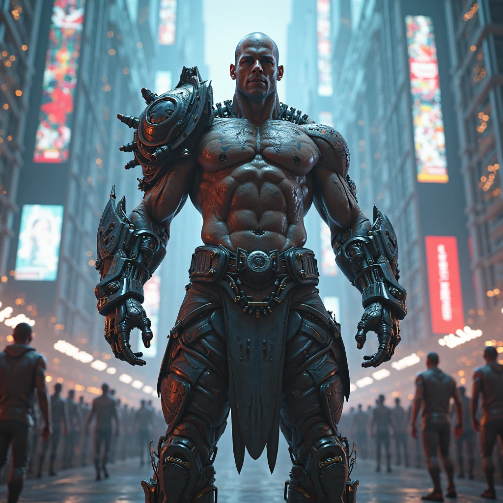 In the cyberpunk world a muscular white man with 2,30m and 130kg of pure muscle. In combat position carrying a single weapon. This weapon is a giant combat hammer, used for crushing titanium oe grid robots.