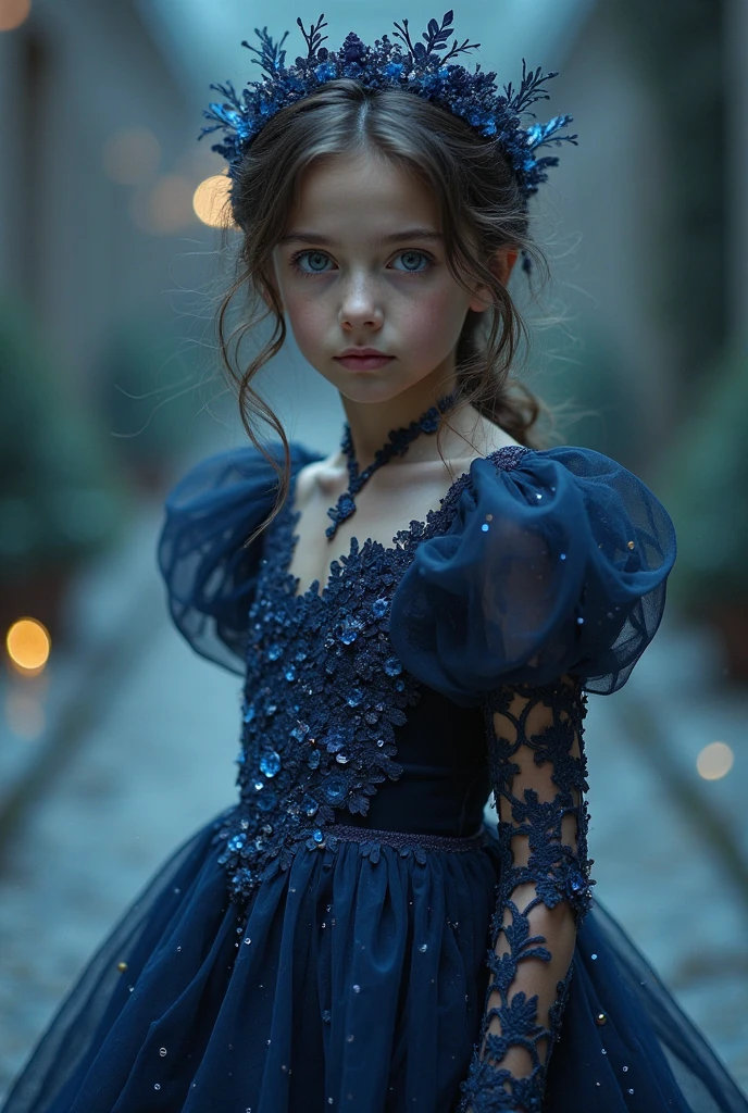 A six year old daughter with dark brown hair and light brown eyes wearing a vintage grey-blue dress