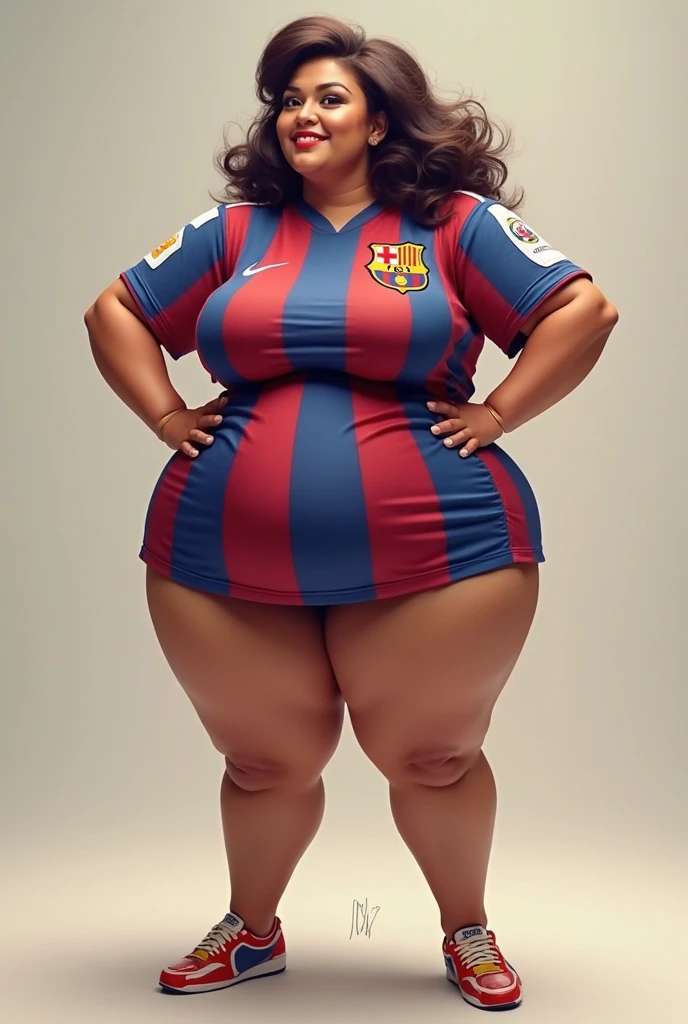 1girl, long hair, smile, hairstyle, ((slutty Barcelona soccer jersey)), top and bikini, big breasts, big ass, (curvy), professional make-up, necklace, football stadium vacation, (cyberpunk), dynamic light, dynamic angle, (seductive poses), beautiful curves, curvy body, plump body, huge big ass, thick body, curvy body type, voluptuous body type, busty body type, thick body type, big chest, big
