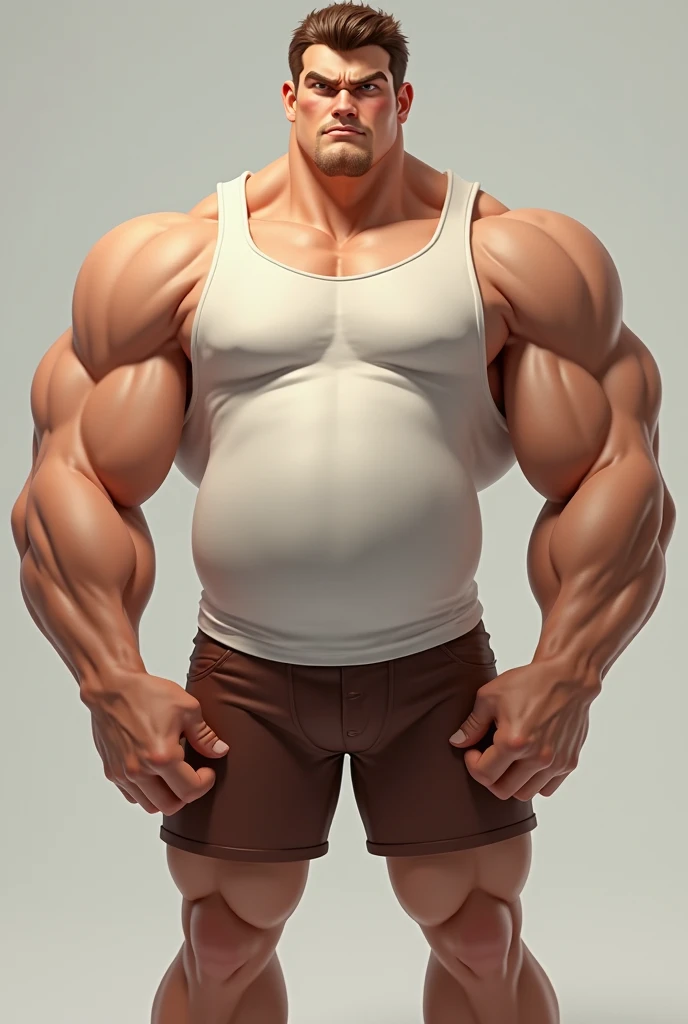 masterpiece, handsome , clear face and eyes, best quality, muscular, bara, mature male,wearing tight tank top,crew haircut, large pectorals, huge arms and hands, white jeans, thick eyebrows,white background