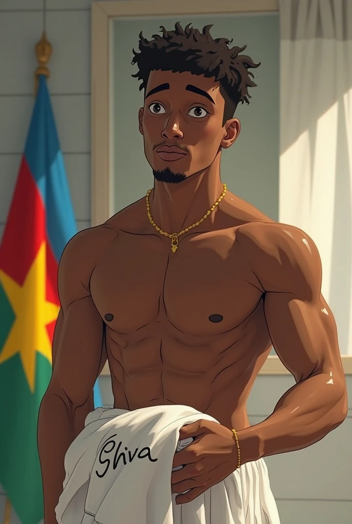 African boy.thin figure,Emaciated figure,A little bit of abdominal muscle contouring,skin glow,(Three-dimensional crotch),(Big bulge in crotch),穿着African tribes风格的三角泳裤,African tribes,Half kneeling on the ground,Slum garbage dump background,beggar,Soaked all over,sweating
