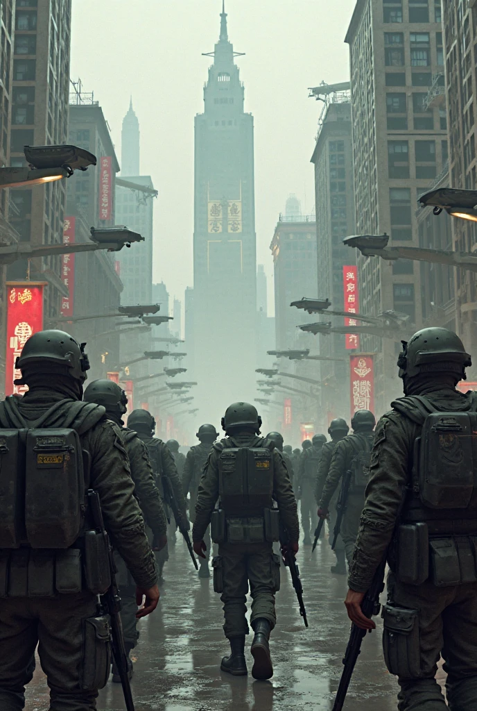 police officers in riot gear and security robots patrol a a dystopian sci-fi city