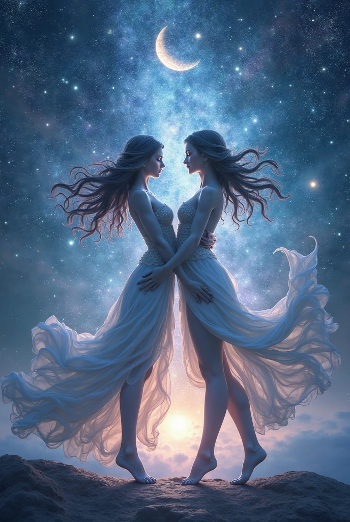 a Gemini stylized zodiacal symbol ((silhouette)) formed by bright stars. Cosmic background