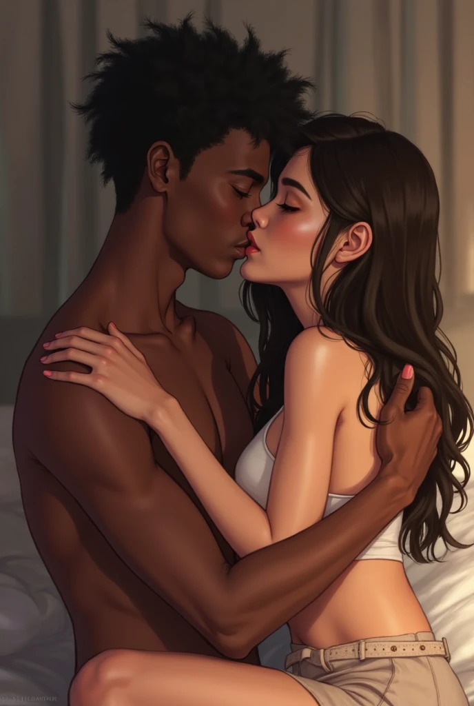 ((highest quality)), ((masterpiece)), Perfect Face、((Yuuki Asuna))、((The woman has brown hair and white skin))、(黒人男とThe woman is nakedになり一緒のベッドで睡眠を取り寝る)、A woman sleeps happily in bed hugging a black man、The woman is naked、Black men naked、(The black man has dark skin and a strong body with a big erect black cock and balls)、Woman has happy expression、The woman is wearing earrings and a necklace、Black men and women engagement rings、Black man and woman in bedroom2Becoming Only a Person、The black guy's dick is huge, long and shiny、A lot of semen coming out of a woman's pussy