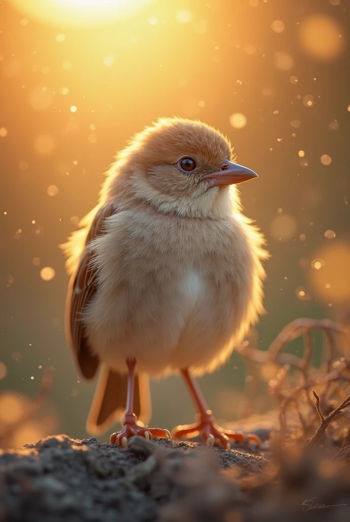 A mesmerizing close-up portrait of a beautiful little bird illuminated by the soft golden light of a quiet morning, with vibrant bokeh balls gently framing their delicate shape.