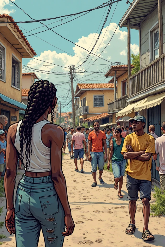 Brown man, wearing no shirt, and shorts and afro black woman, with small breasts, wearing bikini, walking together through alleys, Brazilian favela, gazing, for camera, wide shot, from above, super detail, high details, high quality