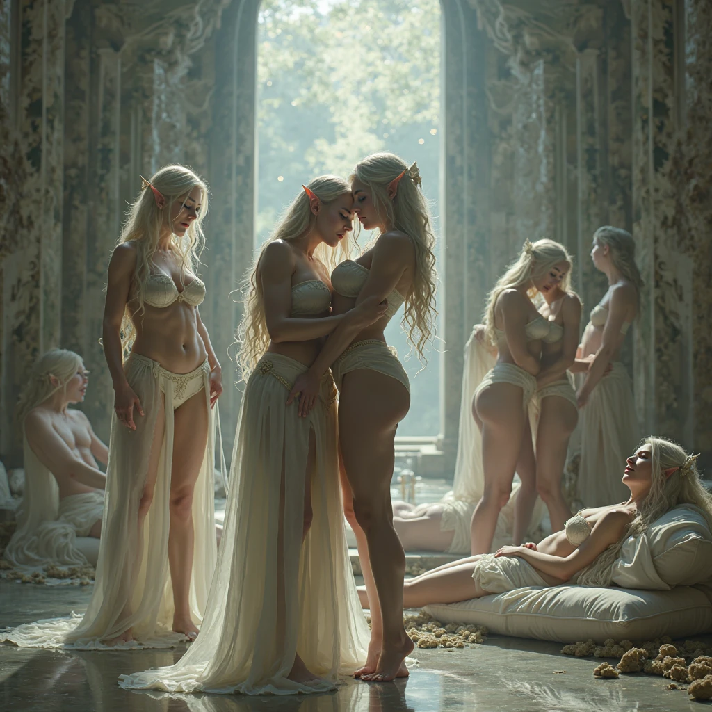 paint of five females lie on back of a white scan on the river, forest, a hand some man, full body standing, naked, wide, deer, bird, flower, cloud, female greek god, white hair, mature, hairy torso, fantasy, intricate, elegant, highly detailed, digital painting, artstation, concept art, smooth, sharp focus, illustration, art by gaston bussiere and alphonse mucha, almost naked