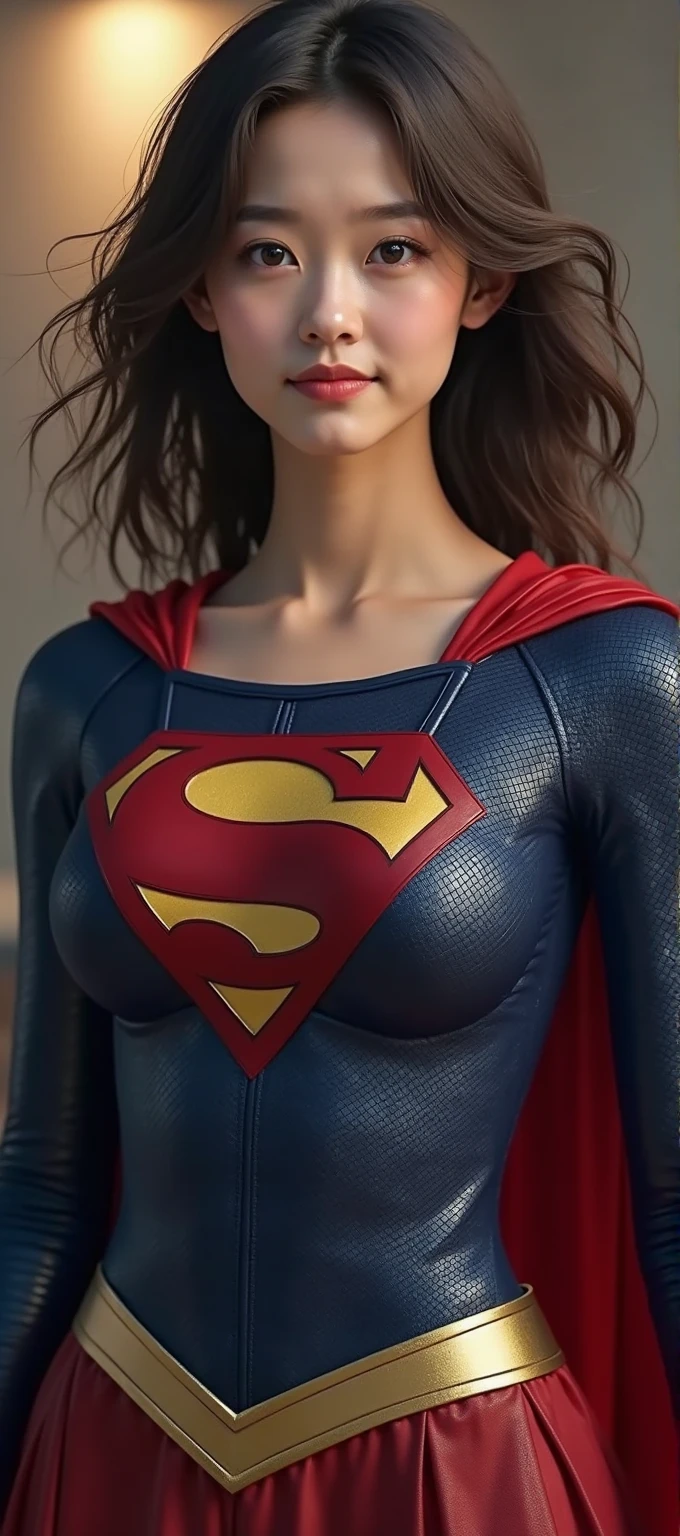 A close-up head and chest portrait of a pretty and cute girl, topless, vulgar tight tits, ripe tits, showing breast, wearing supergirl costume, cute appearance. The highly detailed digital rendering captures every aspect of her beauty, from her delicate features to the intricate.
