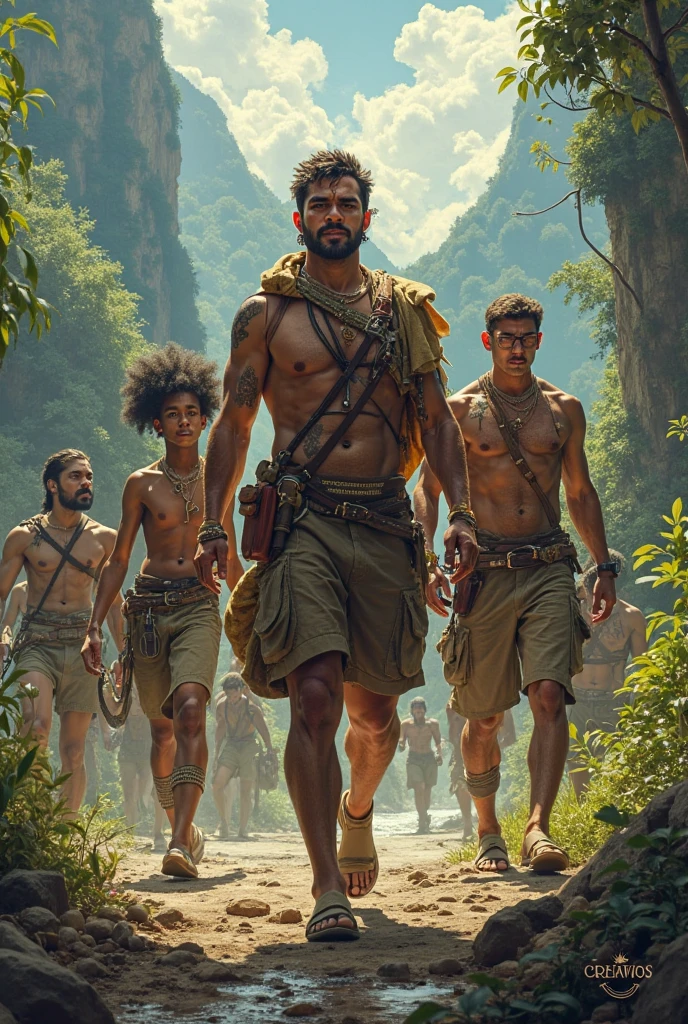 A handsome young man of 27 years old, beautiful, white, with short black hair trapped and tied up by 3 big men with beards in the jungle, kidnapped.