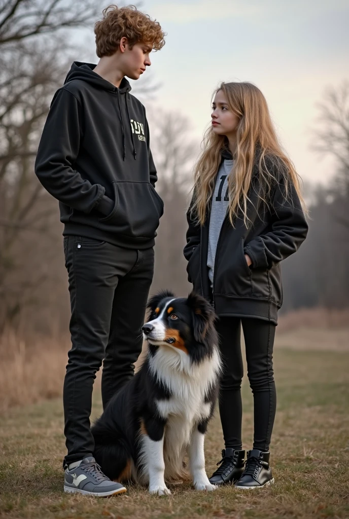 12 year old boy with blond curly hair wearing Nike clothes with black cargo pants white sneakers blue eyes a German shepherd dog 