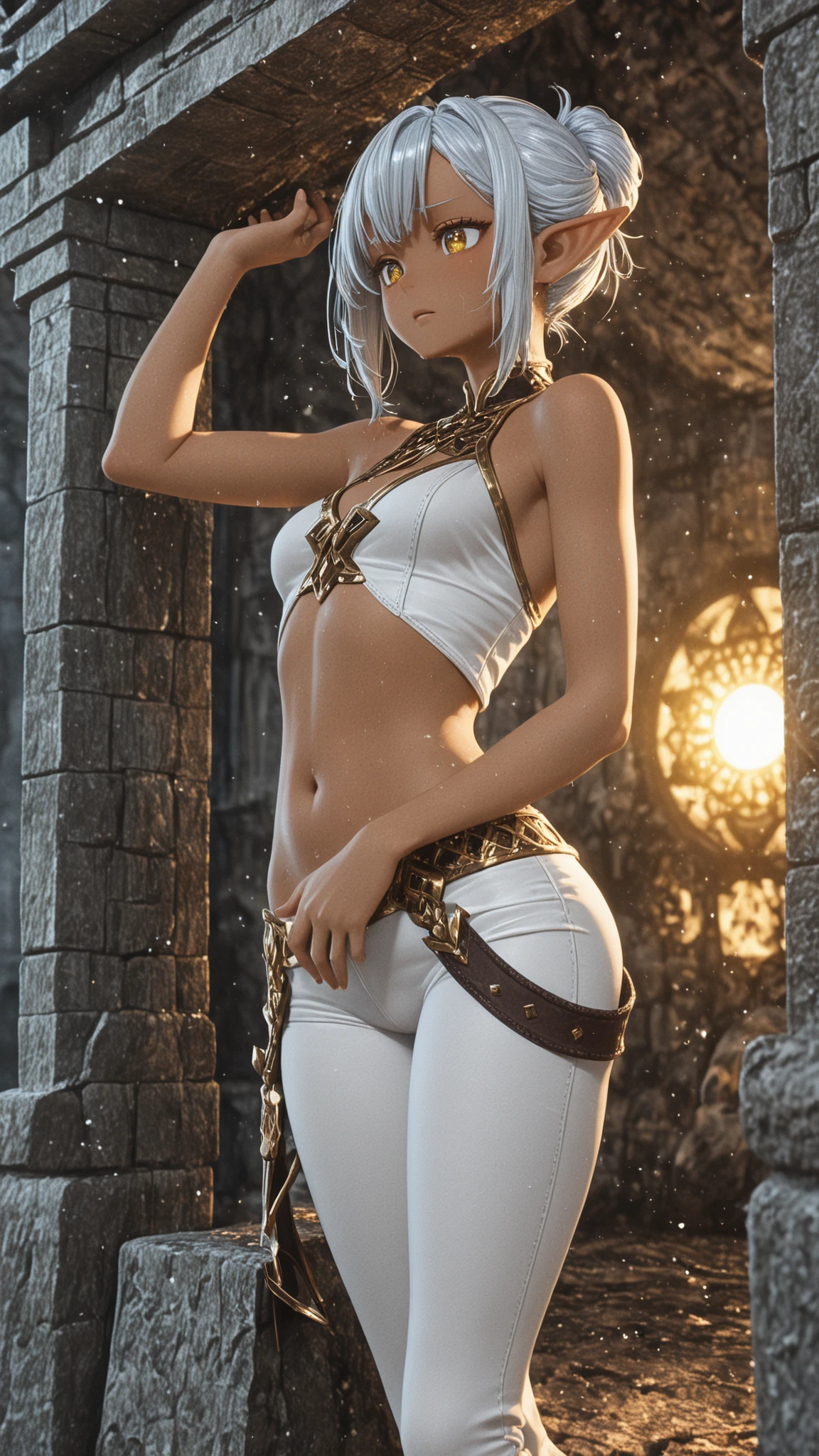 Beautiful white hair woman is shown to have a tiny figure, she is wearing a beautiful lehenga, choker, serious look, green eyes, twin tails, elf ears, jewelry, girl in a hookah room, sexy session, sexy pose, cowboy shot, superior quality, many details, realistic