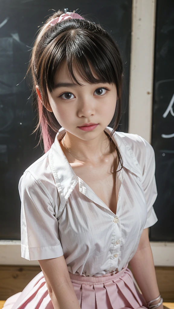 masterpiece, top-quality, (1 girl in, solo exhibition), the power, white shirt, Classroom, Devil's Corner, red eyes, Black tie、a smile、undergarment、realisitic