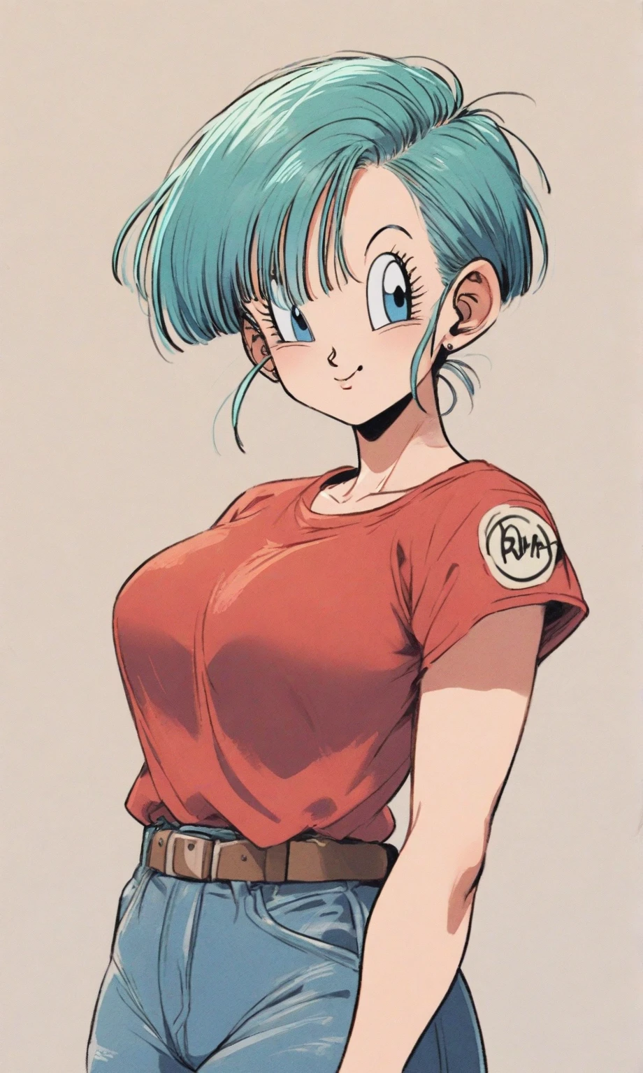masterpiece, best quality, ultra-detailed, illustration,masterpiece, Best quality, high resolution, high resolution, masterpiece, best quality, highres, dragon ball, blmshort, aqua hair, very short hair, earrings, jewelry, red dress, medium breasts, yellow scarf, short dress, sleeveless,big breasts, cleavage,beautiful detailed eyes, looking at viewer in a seductive look, close up, (arms behind back:1.2), (from above:1.1),big sized breasts, attempt to seduce, standing,(blush),sad