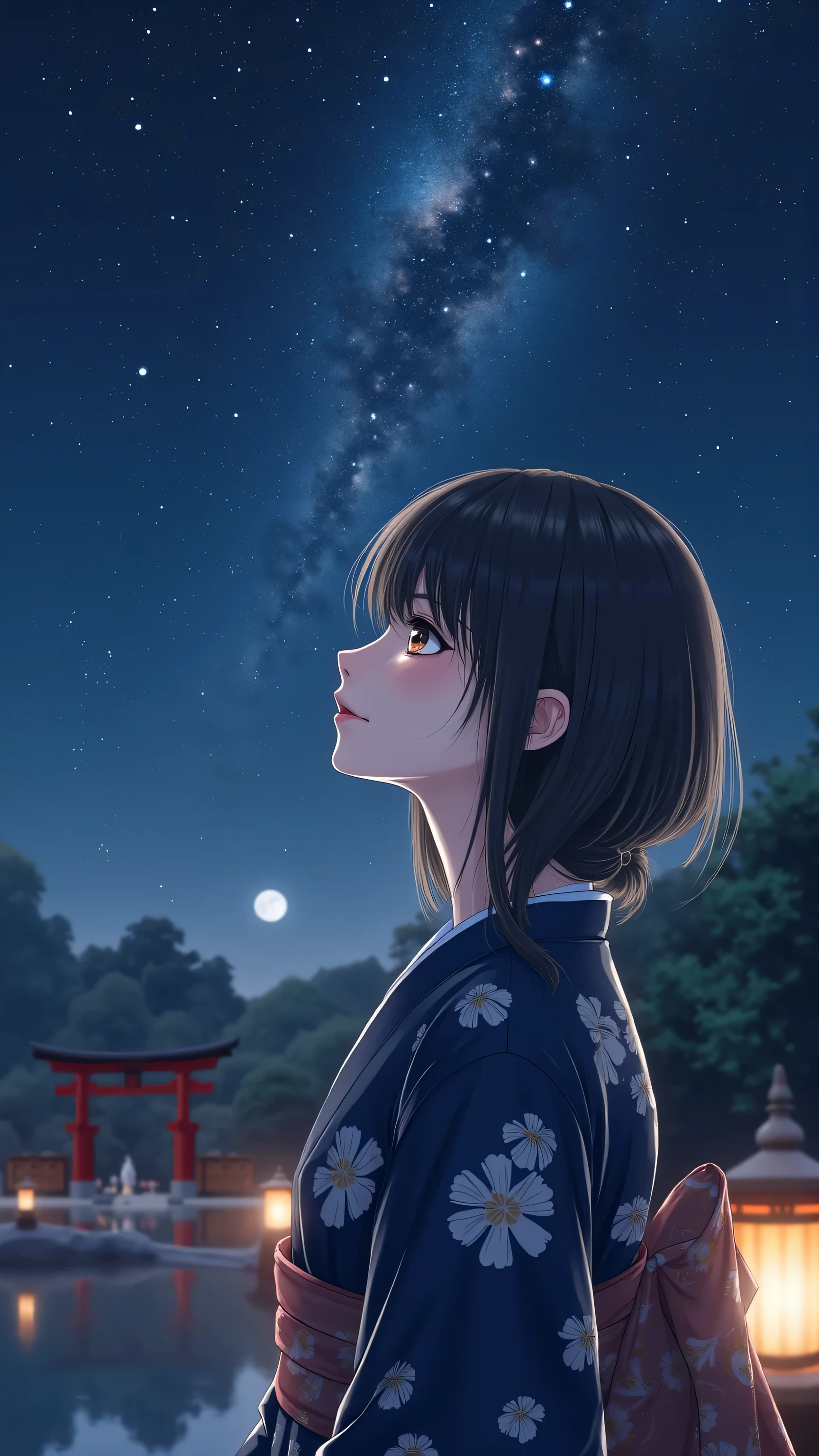 Milky Way Galaxy View and Night Sky 、one woman、Straight Hair、Beautiful Shiny Hair、bundle、long sleeve、detailed eyes and face、Eye Enhancement、soft lighting、High Resolution Unified CG 8K Wallpaper、Intricate Details、portrait、staring at the stars、alone、half shot、delicate face、soft smile during housework、 classical period 、(Ancient Japan Theme:1.1)、Japanese mythology、Navy Blue Flower Pattern Kimono、 ancient theme 、(Thriving Civilization:)、Background Moon、( pure white :1。hrine、red)torii、 Japanese landscape 、 Ancient City in the Background 、  Lantern、Night stars、 Night Sky Starts。