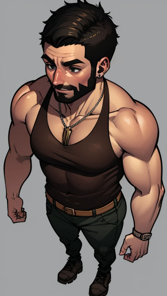 ((melhor qualidade)), ((obra de arte)), (detalhado), muscle man, big chest very hairy, with black opened shirt, bearded, looking at front, with a cigar in mouth. Soft smiling.