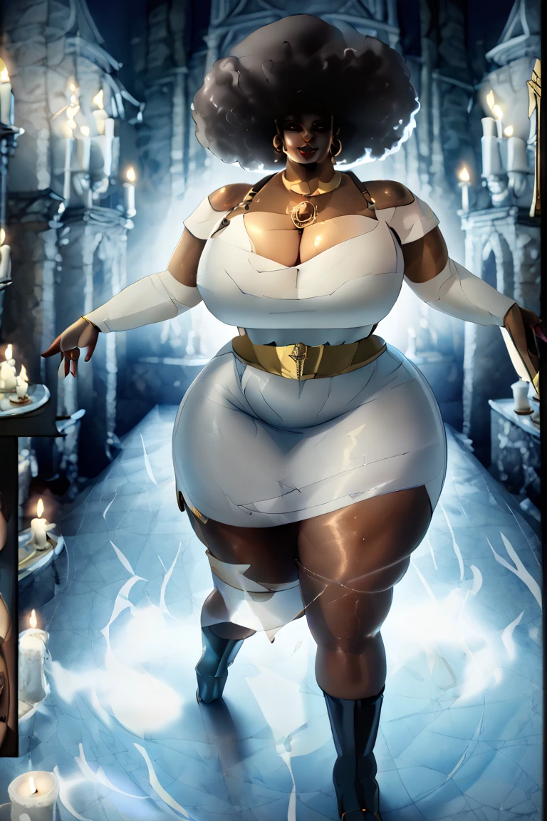 A beautiful African-American giantess princess, curvy and voluptuous figure, wearing tight-fitting fashionable clothes, thicc, detailed facial features, intricate dress design, fantasy landscape, dramatic lighting, cinematic composition, hyper-realistic, 8K, photorealistic, masterpiece